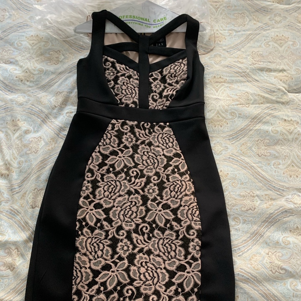 LAX brand black and beige / gold dress.